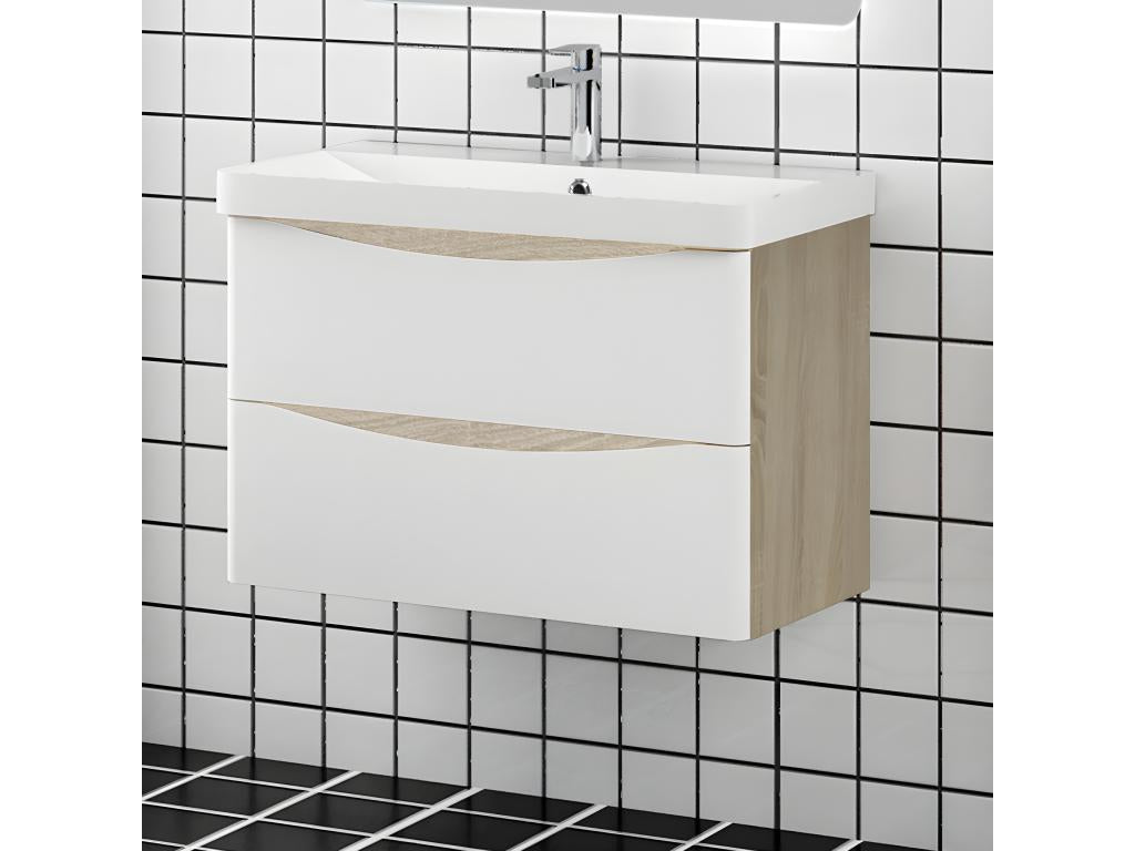 Meuble salle de bain 80x39.5x50cm 2 tiroirs meuble suspendu avec la vasque blanc et bois THKC06482