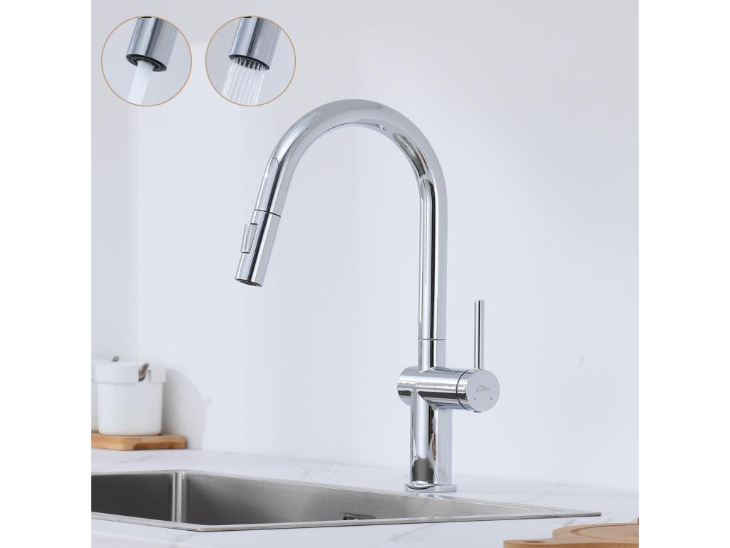 Mitigeur de Cuisine Douchette Extractible Decohaute avec 2 Fonctions Robinet de Cuisine Rotatif à 360 Acier Inoxydable Eau Froide et Chaude Chromé RHNQ80622