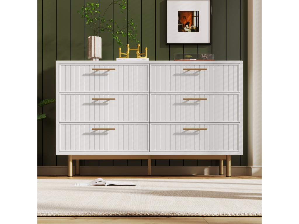 Commode avec 6 tiroirs 120x40x75 cm Panneaux de particules métal Motif rayures verticales Blanc JFAQ84058