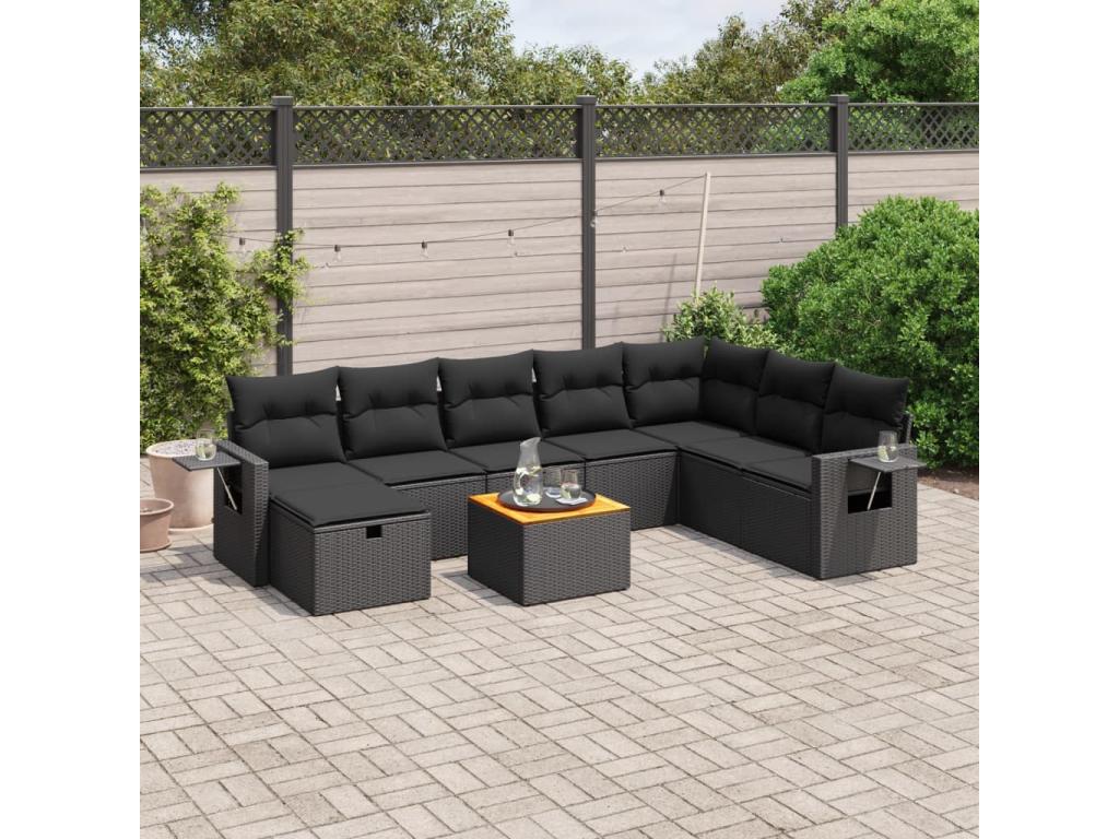 Salon de jardin 9 pcs avec coussins noir résine tressée BWGI11782
