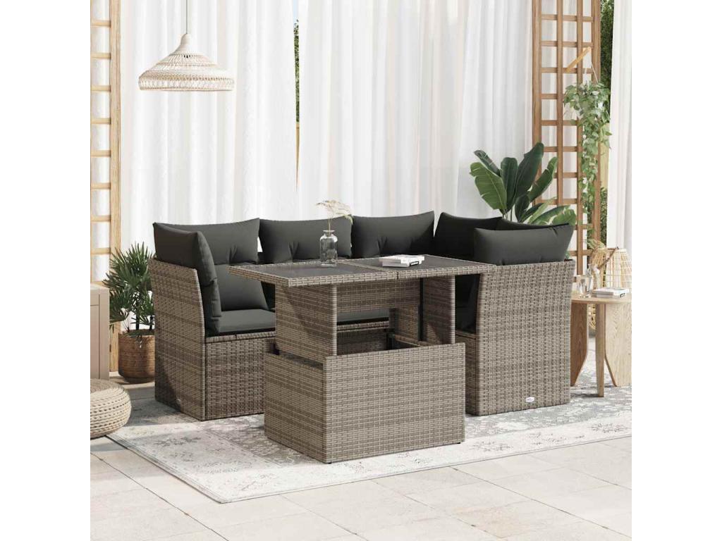 Salon de jardin 5 pcs avec coussins gris résine tressée KNUV56313