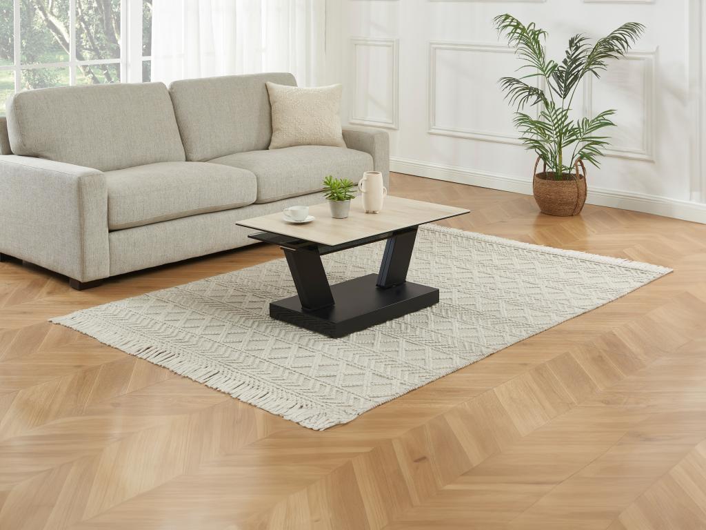 Table basse avec plateaux pivotants - Céramique verre trempé fumé et métal - Noir et naturel - Decohaute PXGZ86665