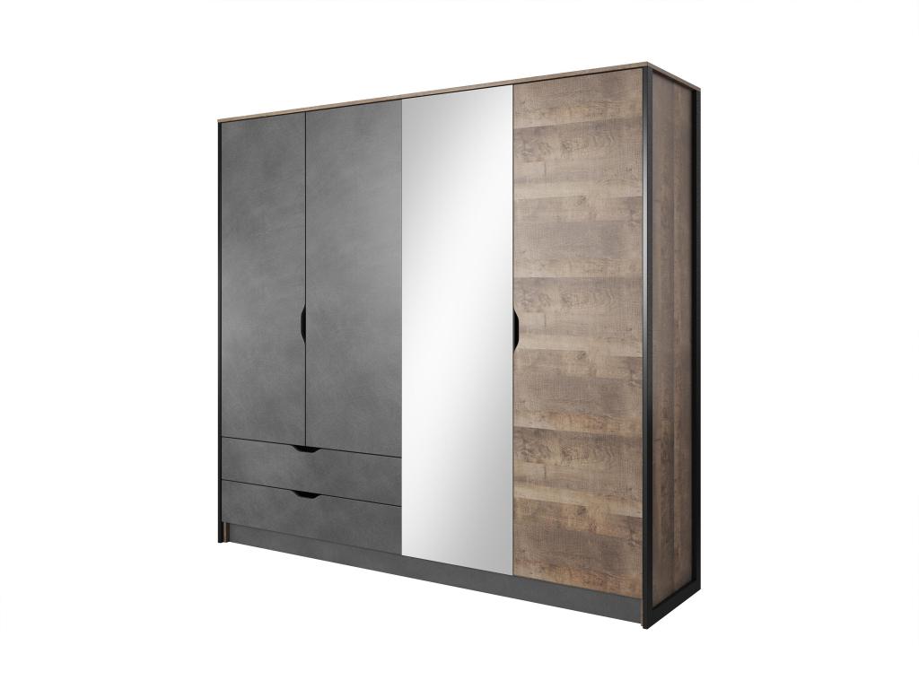 Armoire 4 portes et 2 tiroirs - Avec miroir - L220 cm - Coloris Naturel et anthracite - Decohaute UBCO29661