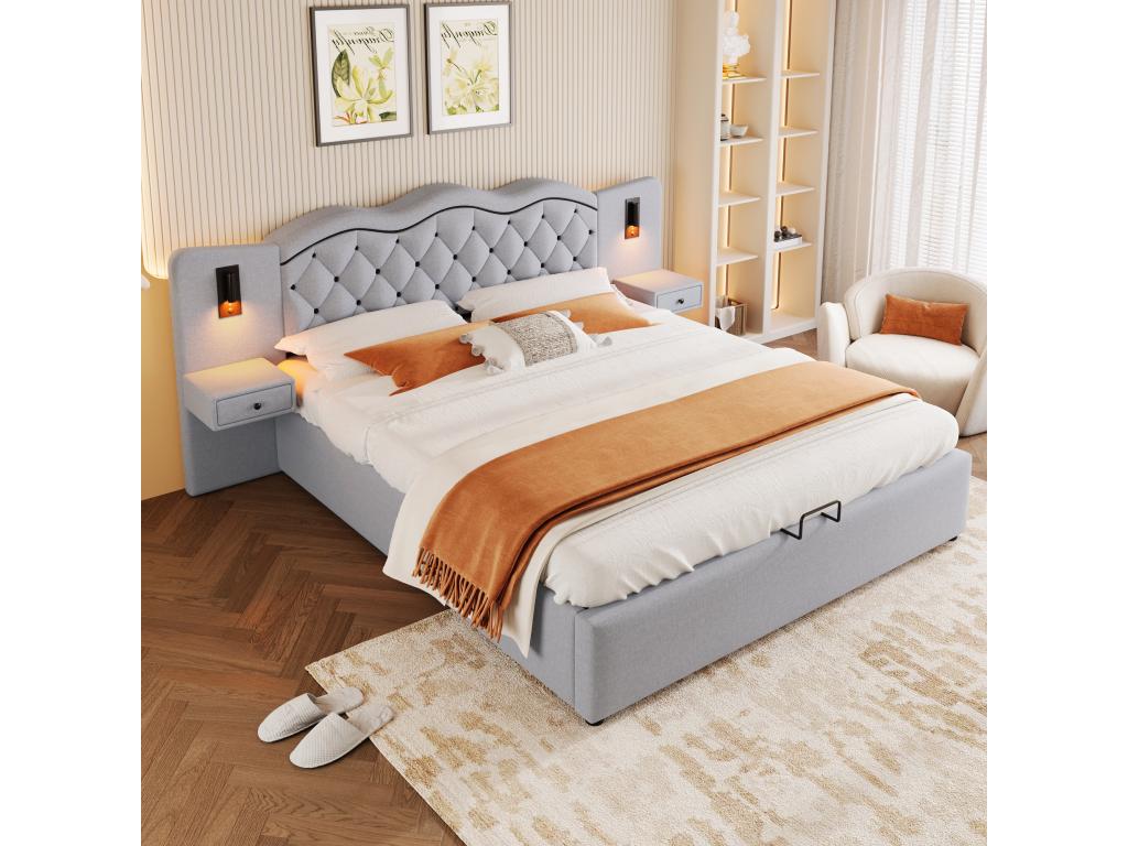 Lit coffre 160x200 cm avec tête de lit et tables de chevet - Prises USB et 2 lampes de lecture - Tissu en lin - Beige sans matelas GZKO46641