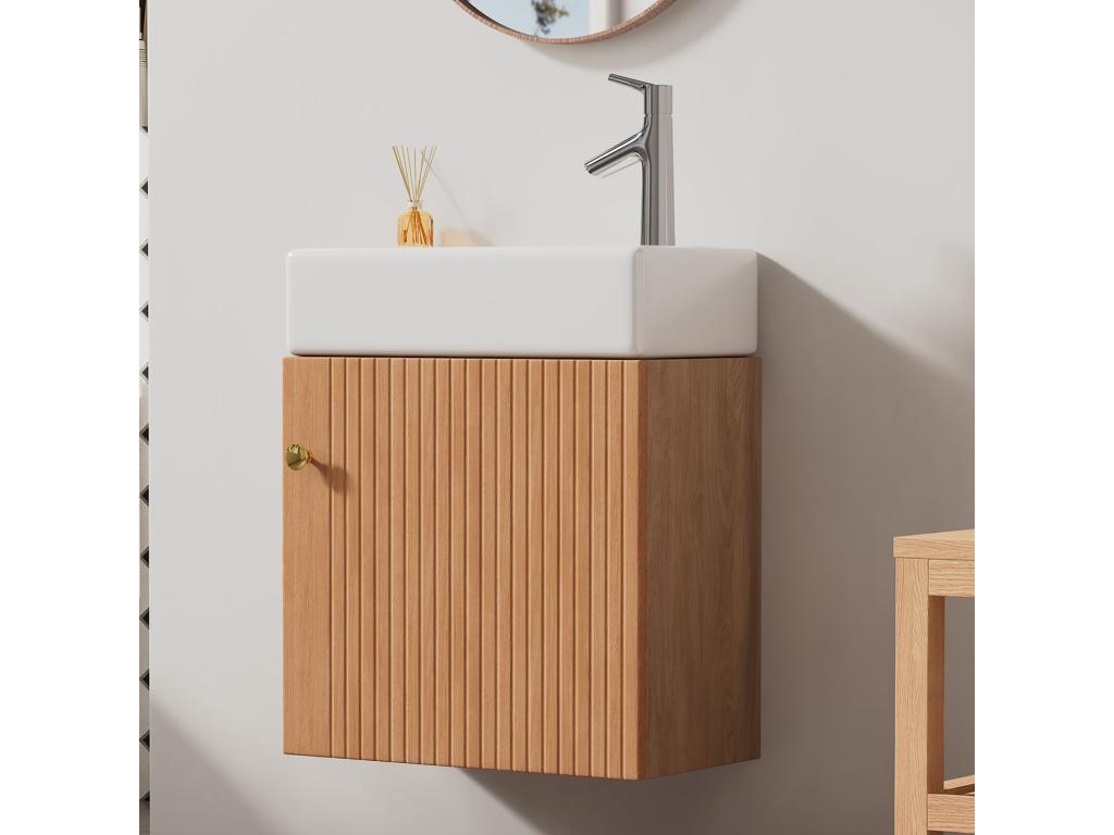Meuble de salle de bain vasque simple meuble bas avec vasque en céramique - 46x26x56 cm - Bois MDF - Naturel QXFE04978