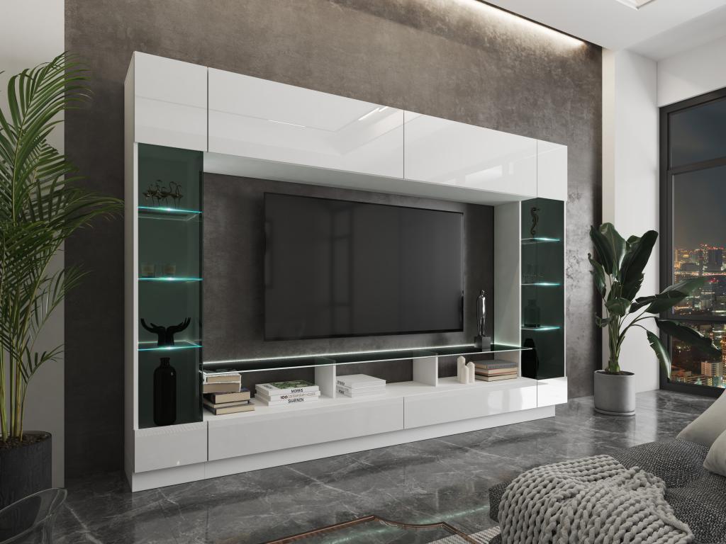 Mur TV avec rangements et LEDs en verre trempé fumé - Blanc laqué - Decohaute EEYB98184