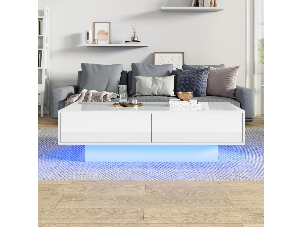 Table basse moderne brillante avec 2 tiroirs - 115x55x34 cm - LEDs - Panneaux de particules - Noir RLPS08267