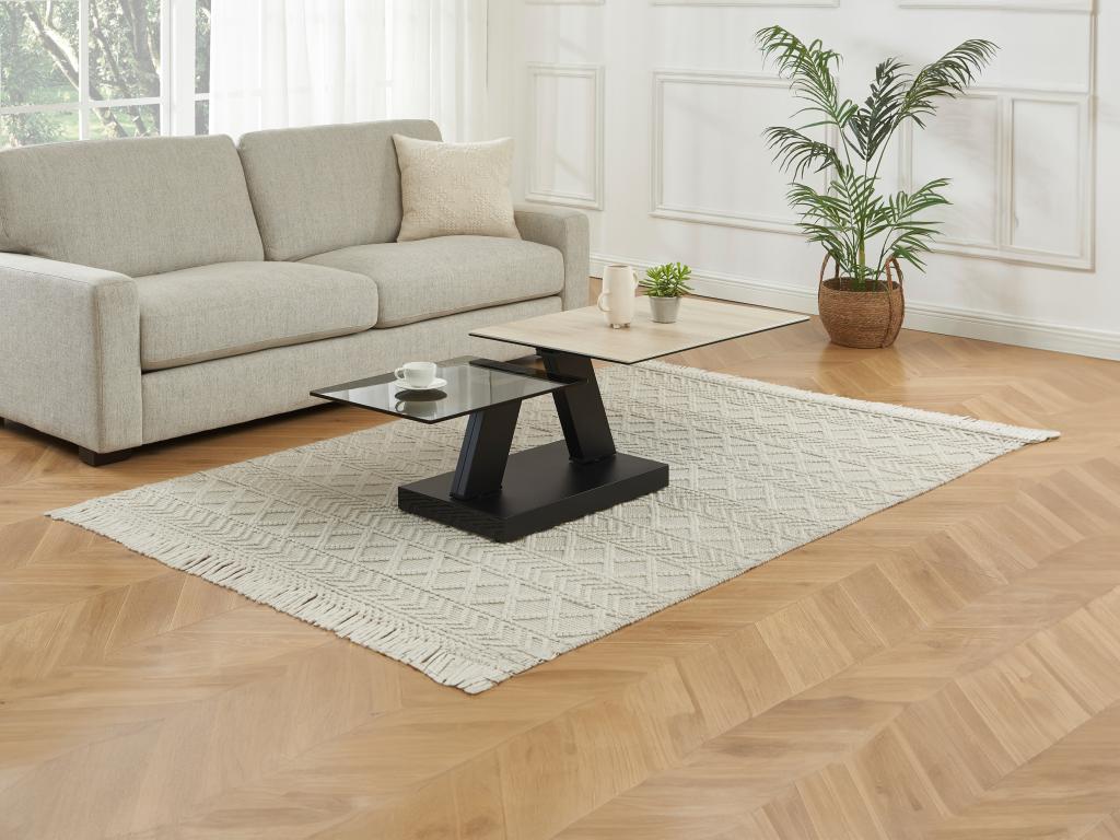Table basse avec plateaux pivotants - Céramique verre trempé fumé et métal - Noir et naturel - Decohaute PXGZ86665