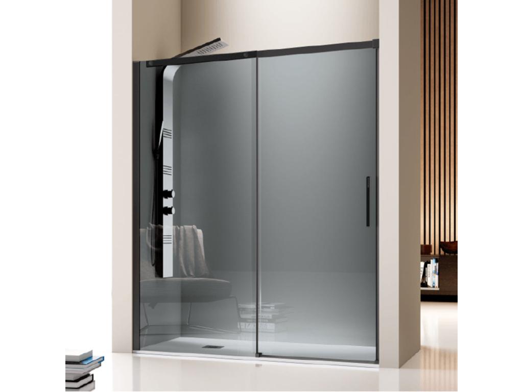 Paroi de douche fixe Porte coulissante Domopure profil noir mat verre fumé 150 cm Sans paroi latérale TPFQ17610