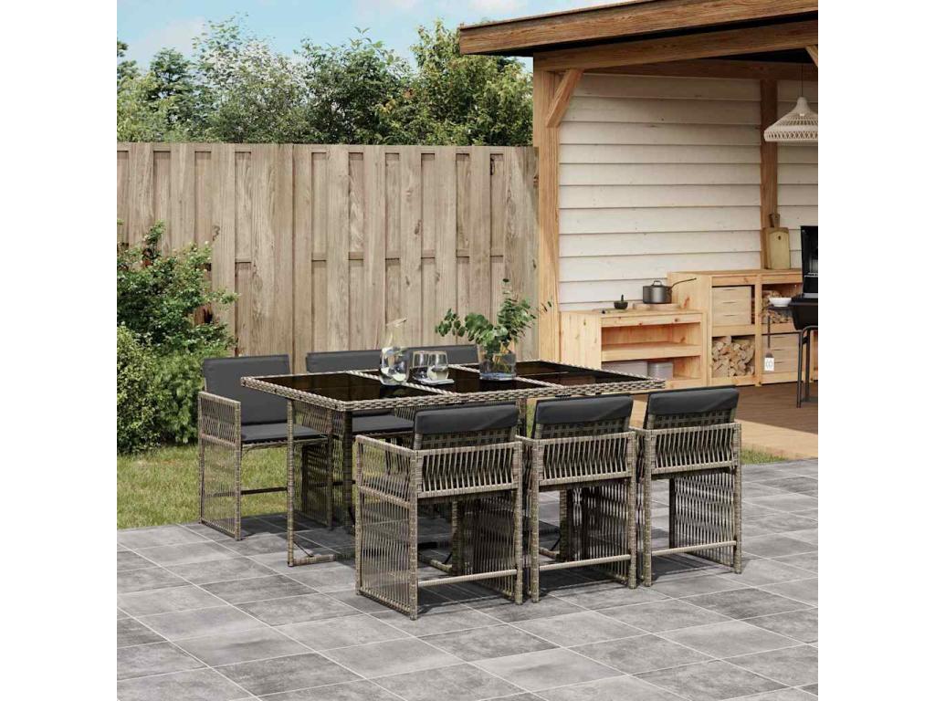 Ensemble à manger de jardin et coussins 7 pièces gris rotin KEKD66602