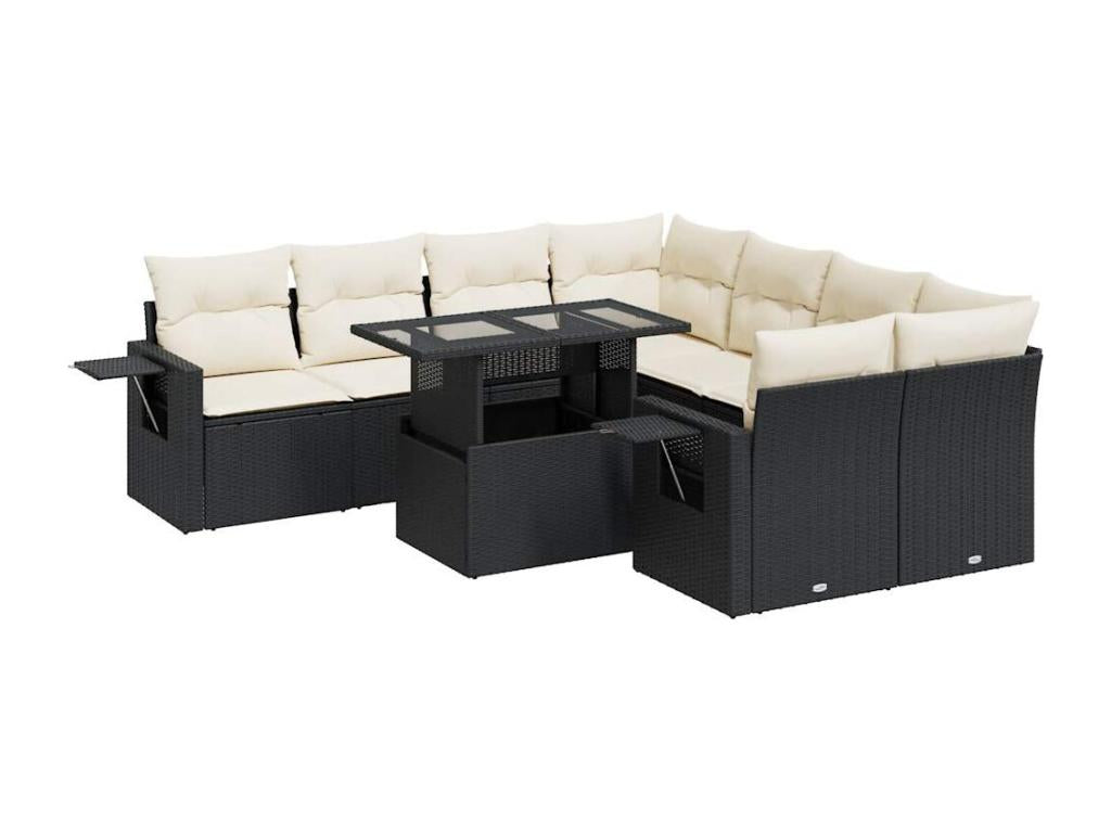 Salon de jardin 9 pcs avec coussins noir résine tressée DQHF65699