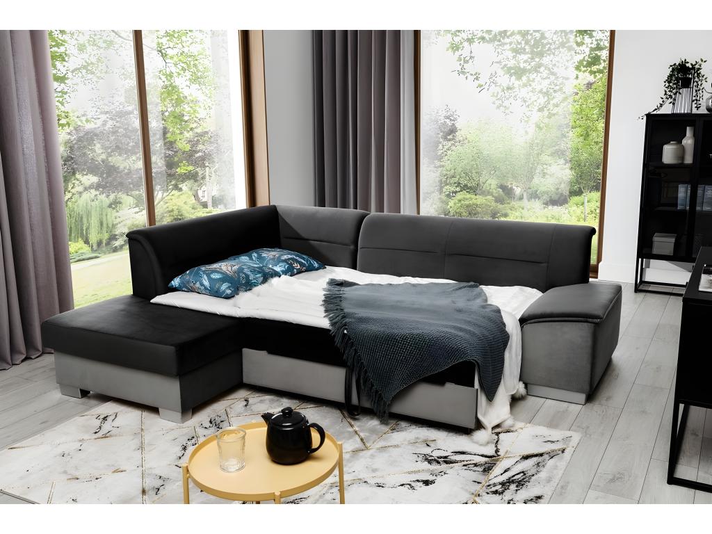 Canapé d'angle convertible en tissu luxe 5 places avec coffre noir et gris clair angle gauche vu de face VERTU VELOURS WVQL32530
