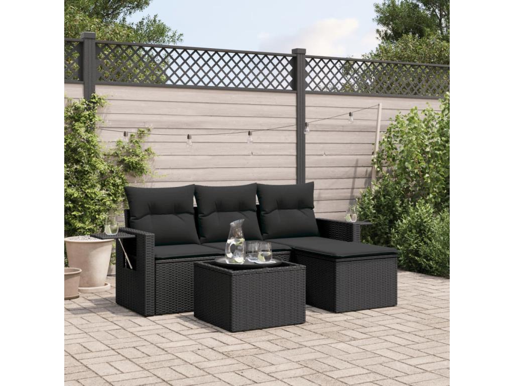 Salon de jardin 4 pcs avec coussins noir résine tressée QBZY87924