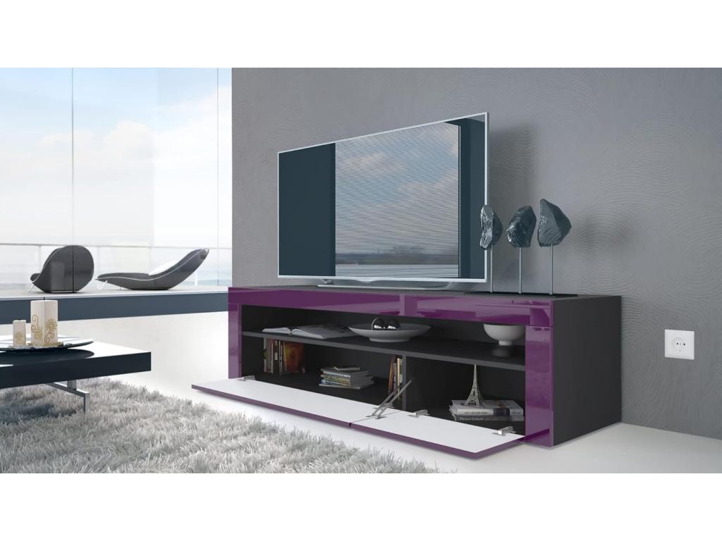 Meuble Bas Noir Mat / Noir Et Mûre Laqué Avec LED lxhxp 155x46x40 RCCS93965