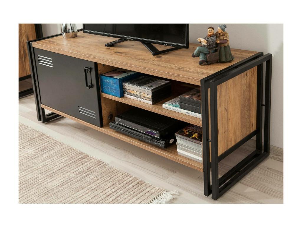 Meuble TV Décohaute Buffet de salon Armoire basse pour TV Base murale de rangement 130x45h50 cm Chêne et Noir PVZV50026