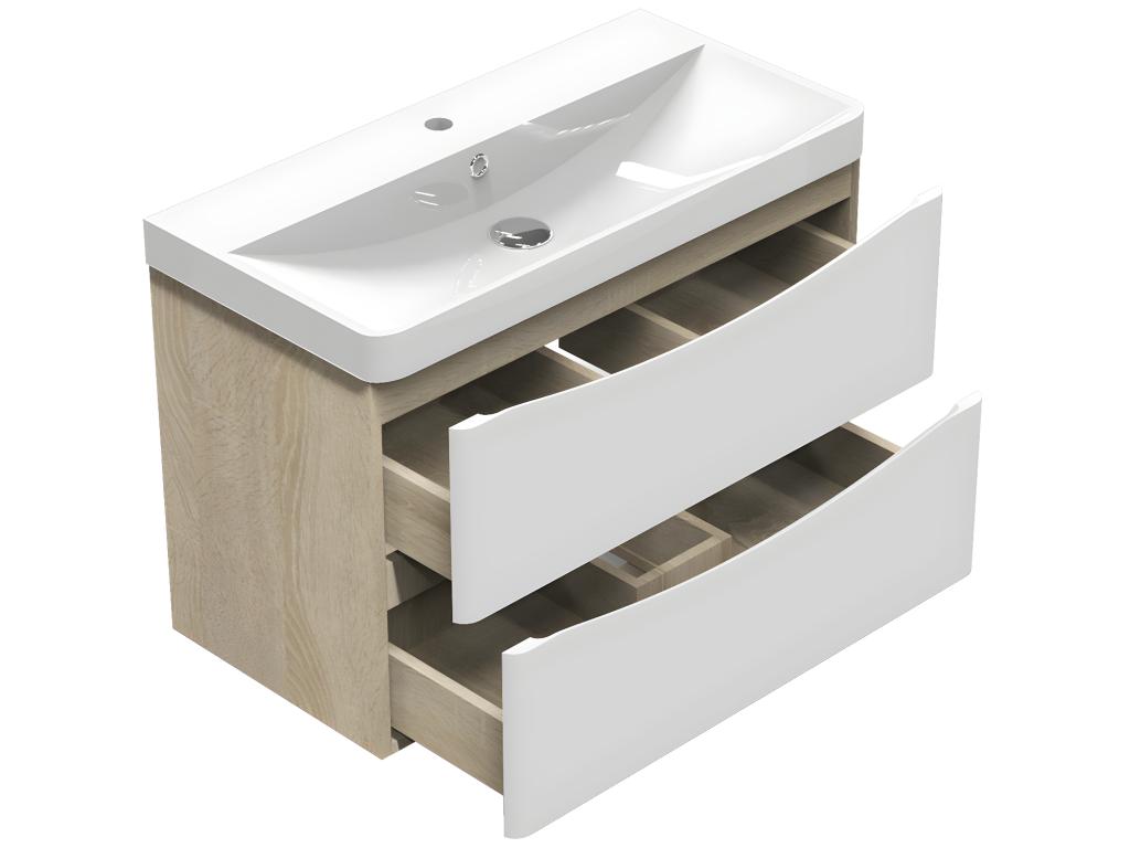 Meuble salle de bain 80x39.5x50cm 2 tiroirs meuble suspendu avec la vasque blanc et bois THKC06482
