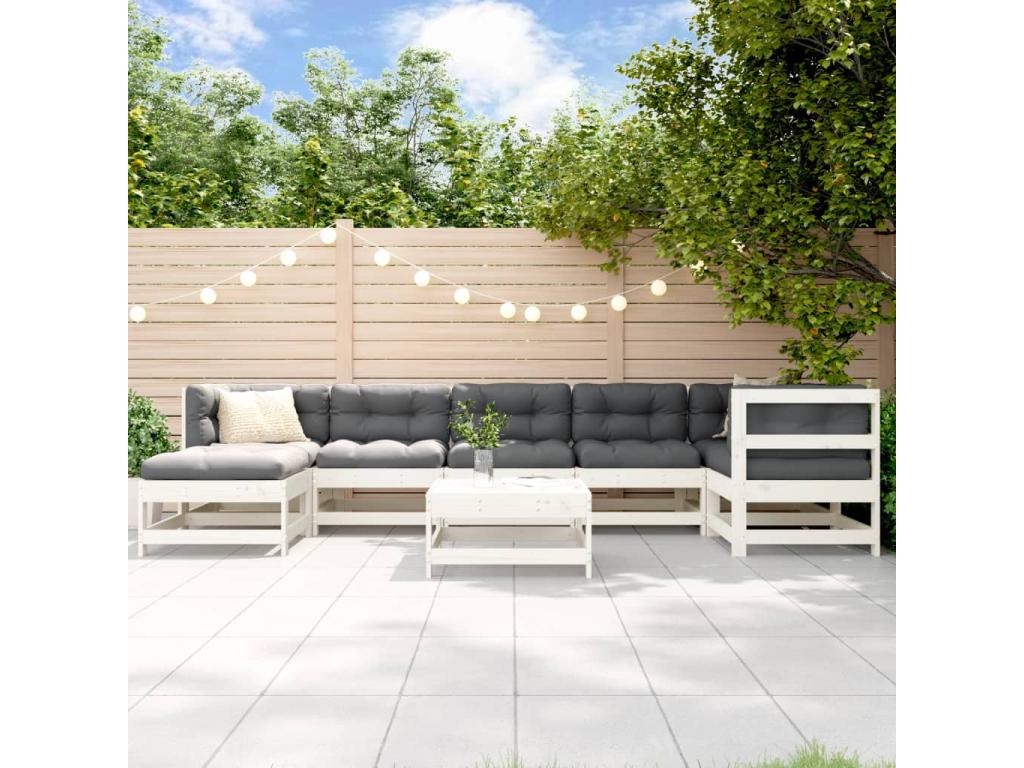 Salon de jardin 8 pcs avec coussins blanc bois massif EEWQ77029