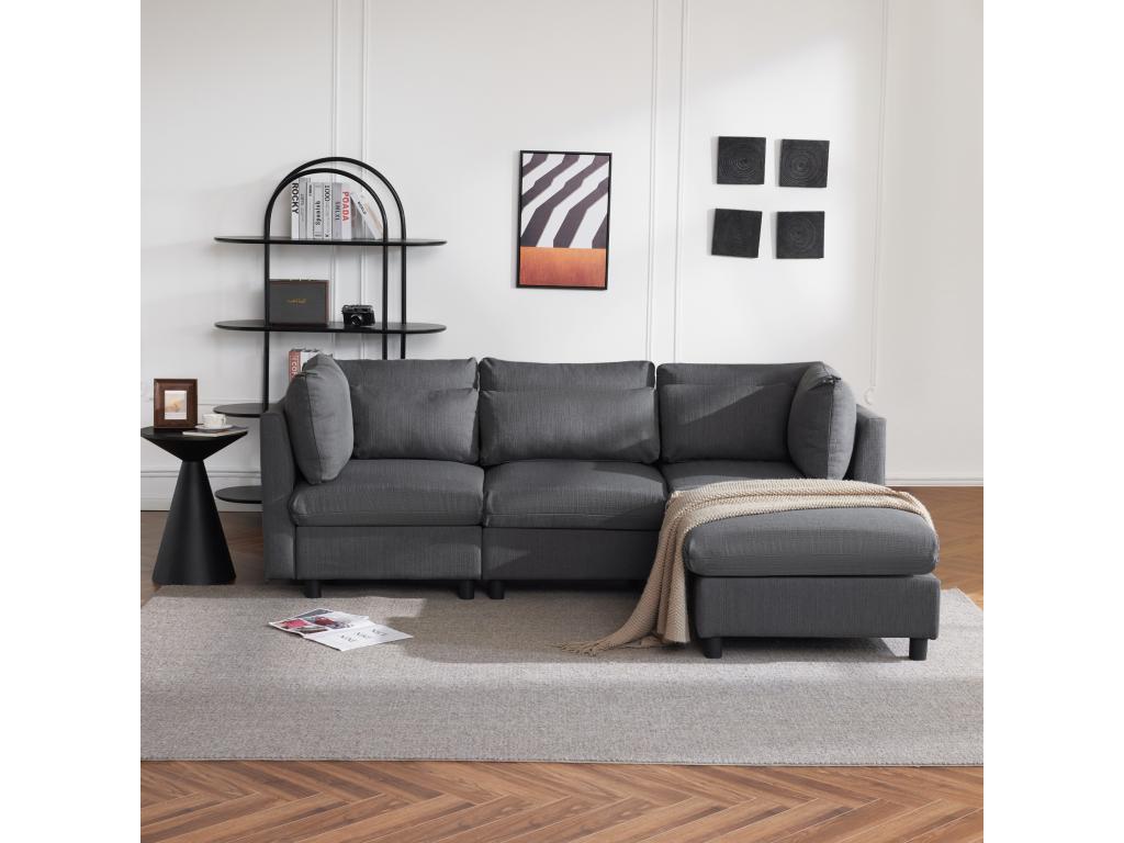 Canapé d'angle droit convertible avec repos-pied - Tissu en lin - 220x83x81 cm - Gris HEQD46752