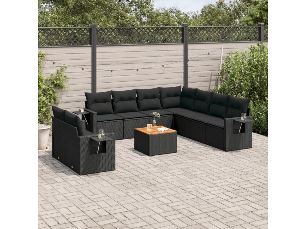 Salon de jardin 10 pcs avec coussins noir résine tressée MHEL62753