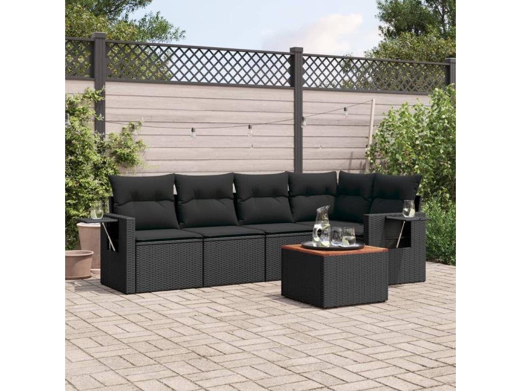 Salon de jardin 6 pcs avec coussins noir résine tressée WFXT82571