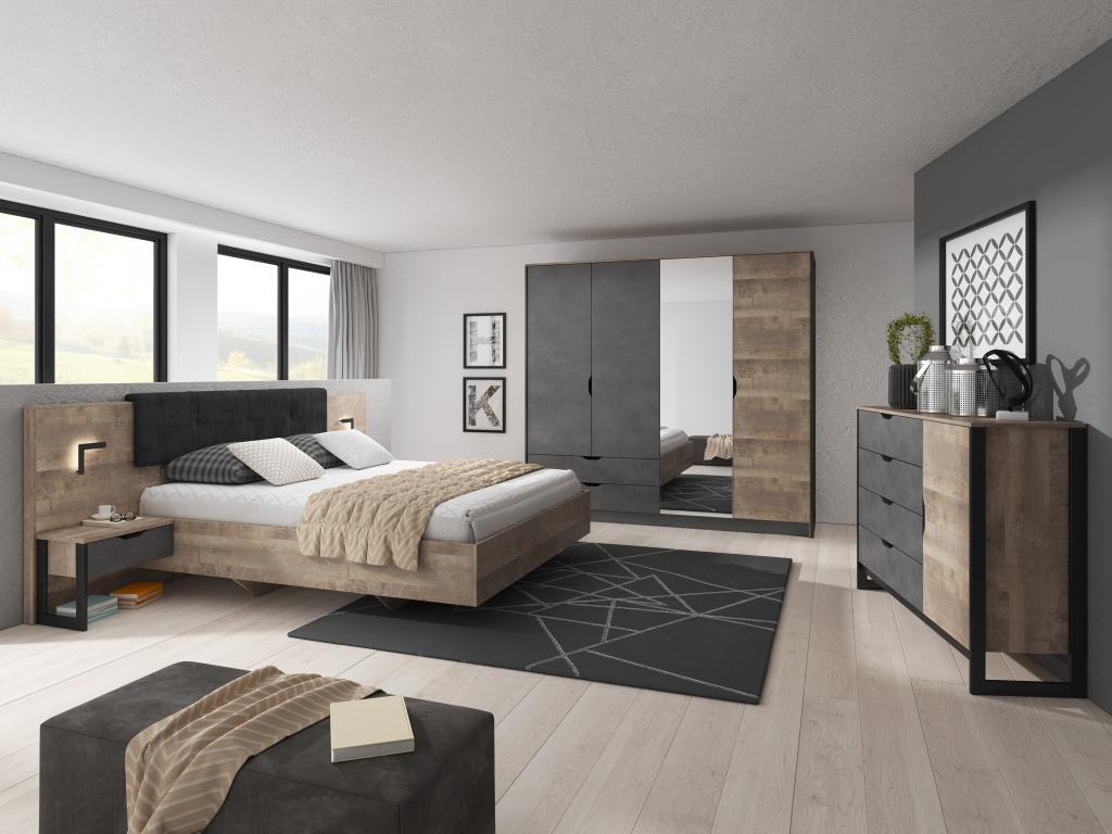 Armoire 4 portes et 2 tiroirs - Avec miroir - L220 cm - Coloris Naturel et anthracite - Decohaute UBCO29661