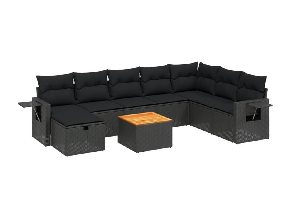 Salon de jardin 9 pcs avec coussins noir résine tressée BWGI11782