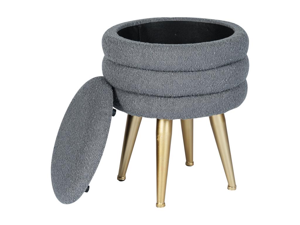Tabouret bas coffre de rangement en tissu bouclette et métal doré - Gris - Decohaute OAFL21734