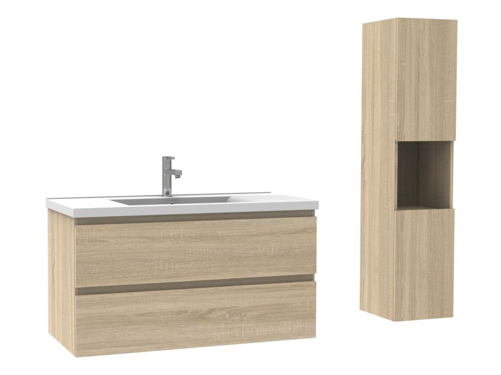 Ensemble Salle De Bain 100cm Chêne Decohaute meuble avec colonne vasque ceramique blanche 3 Éléments HLWD55314
