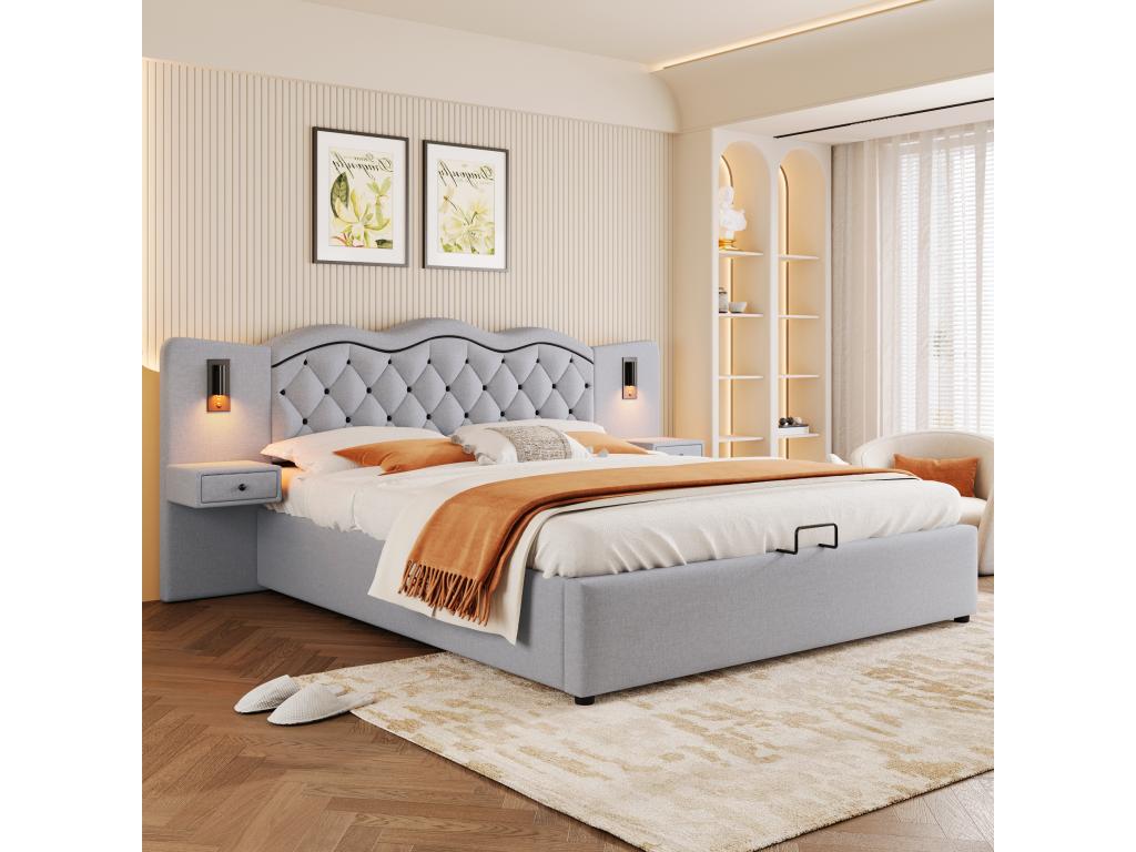 Lit coffre 160x200 cm avec tête de lit et tables de chevet - Prises USB et 2 lampes de lecture - Tissu en lin - Beige sans matelas GZKO46641
