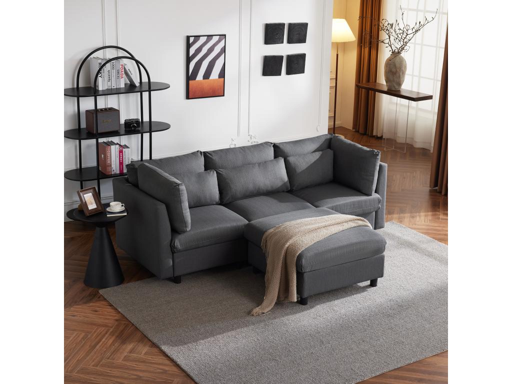 Canapé d'angle droit convertible avec repos-pied - Tissu en lin - 220x83x81 cm - Gris HEQD46752