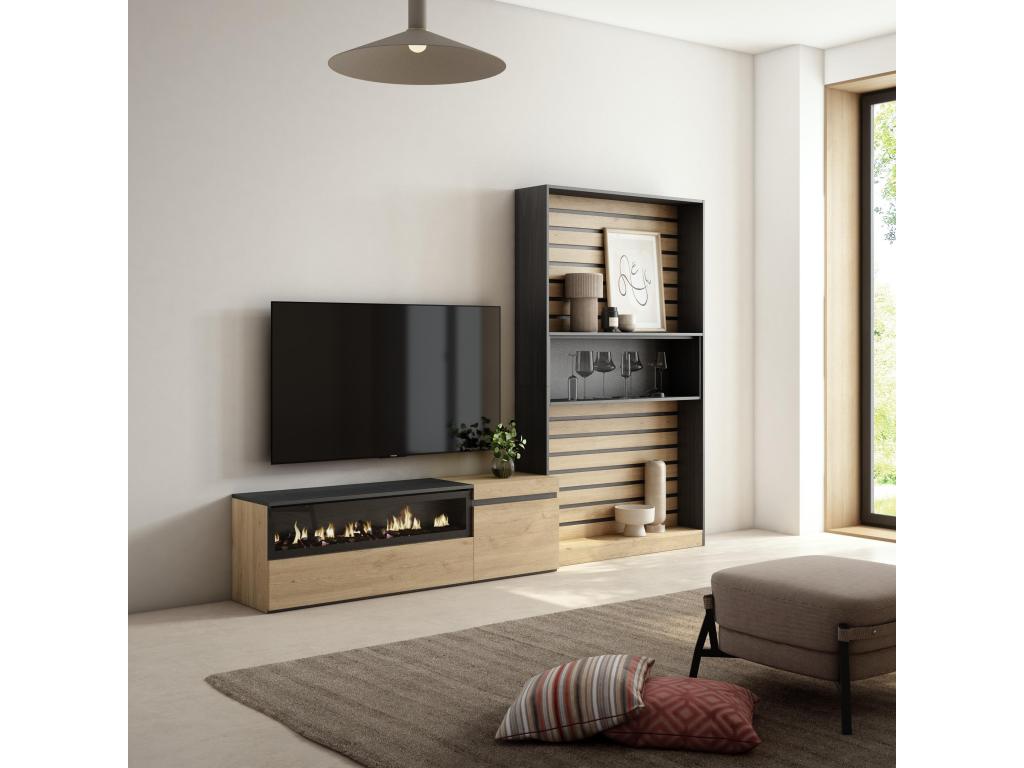 Ensemble Meuble TV 260x186x35cm Pour les TV jusqu'à 65 Cheminée électrique Chêne et noir VKQP95193